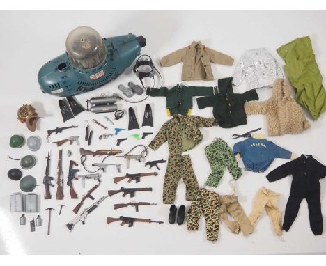 A group of PALITOY Action Man accessories including a submarine, clothing, weapons etc - G unboxed (Q)