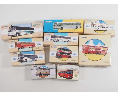 A selection of 11 CORGI CLASSICS buses and coaches to include one twin pack in British and American Outline - VG/E in G/VG bo