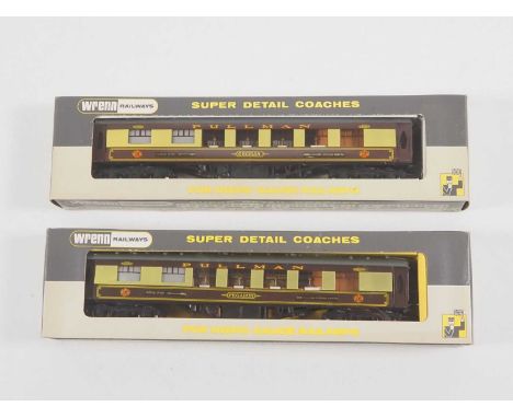 A pair of WRENN OO gauge Golden Arrow coaches comprising W6012 'Pegasus' and W6012A 'Cecilia', both with white tables - VG/E 