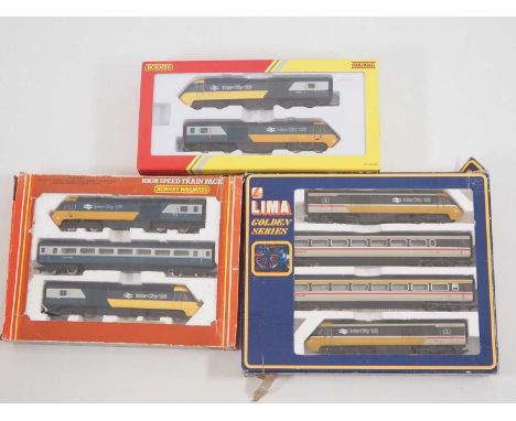 A group of OO gauge Intercity 125 train packs comprising an early Hornby 3-car version in BR blue/grey, a later Railroad powe