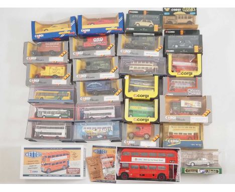 A large quantity of mixed diecast, all by CORGI, including various types and scales of buses, cars, vans etc - VG in F/VG box