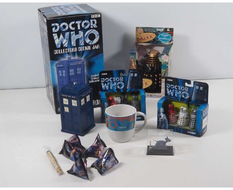 A selection of DOCTOR WHO vintage toys and collectors' items to include a Tardis cookie jar, 2 x sets of CORGI diecast Dalek 