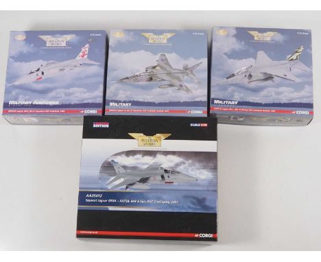 A group of four 1:72 scale CORGI Aviation Archive Sepecat Jaguar diecast aircraft - VG/E in G/VG boxes (4)