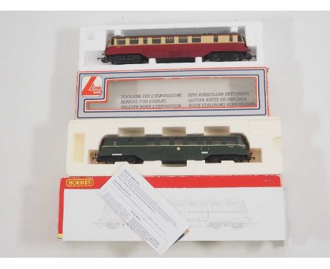 A pair of OO gauge ex-GWR streamlined railcars comprising a LIMA passenger version in BR crimson/cream and a later HORNBY pas