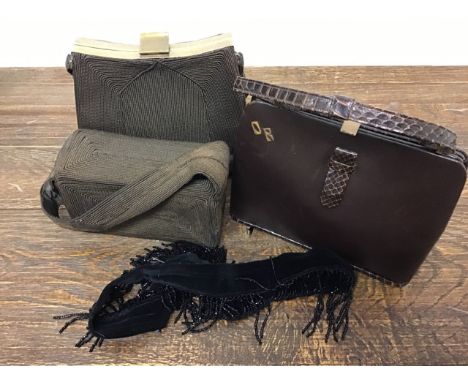 A collection of vintage handbags to include 1950s velvet and beaded belt 1940s crocodile leather handbag with grosgrain linin