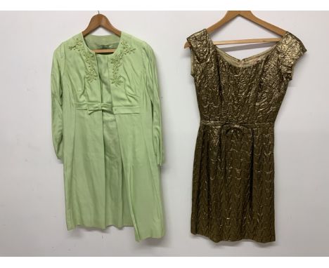 A 1960s 2 piece cotton dress and coat with pearl applique flower detail and a 1960s lame shift dress