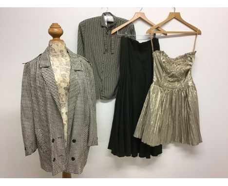 A 1980s full cotton skirt by Droopy and Brown, a 1960s silk pussy bow blouse by Jaegar, a 1980s lurex cocktail dress and a a 