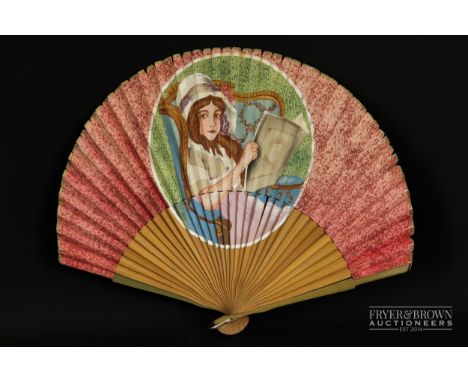 An unusually shaped fan with bamboo sticks, the leaves hand painted with a portrait of a young girl reading extending down on