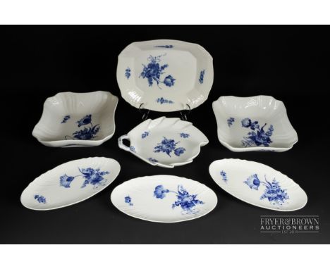 Seven items of Royal Copenhagen porcelain, 'Blue Flowers' pattern, comprising a leaf shaped serving dish, shape 8002, 25 x 17