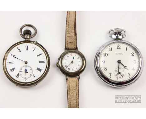 A ladies silver and enamel wristwatch, c1920; and two pocket watches (3)