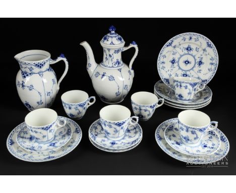 A Royal Copenhagen porcelain part coffee service, in 'Blue fluted half lace' pattern, comprising coffee pot &amp; cover, shap