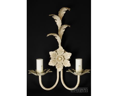Three contemporary vintage style wall two-branch light fittings, distressed cream metal in the form of leafy branches support