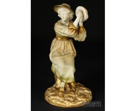 A Royal Worcester porcelain figure of 'Phyllis', a young woman seated on a tree stump playing a tambourine, modelled by James