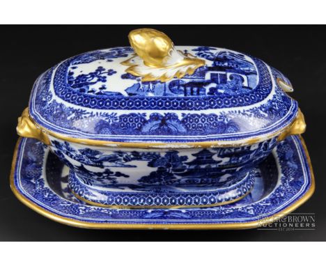 A Copeland Spode blue &amp; white printed small tureen &amp; cover with stand, decorated in New Bridge or Queen Charlotte pat