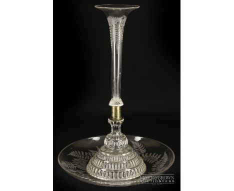 A colourless glass table epergne, the trumpet and stand engraved with ferns, on a stepped 'jelly mould' foot, metal screw mou