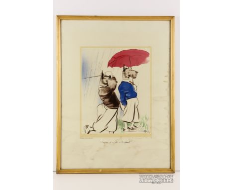 Edmund Blampied - 'Playing as a hole in ground', anthropomorphised dogs dressed as golfers, one holding an umbrella, print, F