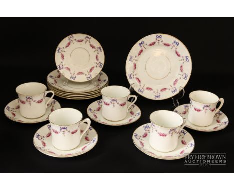 A CWS Windsor China part tea set, decorated with swags of pink roses and blue bows, gilt rims, comprising five cups, six sauc