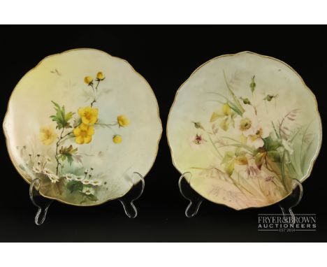 Two Royal Worcester plates, hand painted with flowers, Rd. 139396, puce marks to bases, 20cm diameter approx. (2)