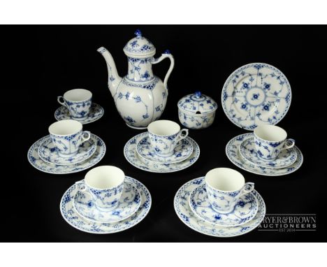A Royal Copenhagen porcelain part coffee service, in 'Blue fluted half lace' pattern, comprising coffee pot &amp; cover, shap