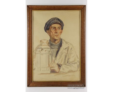 World War II interest - sailor in peaked cap with ship's lantern, watercolour on paper, unsigned, 37 x 55cm
