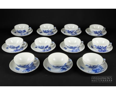Eleven Royal Copenhagen porcelain 'Blue Flowers' pattern breakfast cups &amp; saucers, shape 1551 (11)