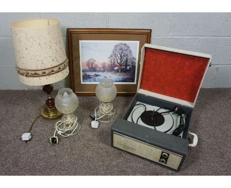 A box of Sundries including Two Cut Glass Table Lamps, two other lamps, a glass desert service, portal record player and prin