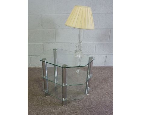 A modern glass three tier Etagere together with a modern table lamp (2)