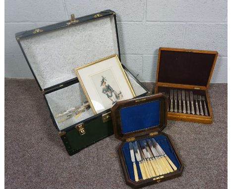 A quantity of assorted cased flatware, a caricature print and a modern childs tuckbox (a lot)&nbsp;