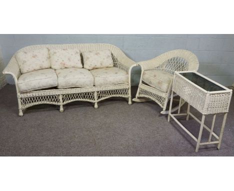 A white painted wicker three seat sofa, 180cm wide, together matching rocker armchair and a wicker planter, with tin liner (3