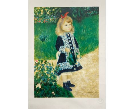 A contemporary lithograph titled 'A girl with a watering can' after Pierre-Auguste Renoir, published by the Mourlot Collectio