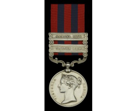 India General Service 1854-95, 2 clasps, Hazara 1891, Samana 1891 (2721 Bugler A. E. East. 1st. Bn. K.R. Rif. C.) good very f