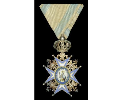 Serbia, Kingdom, Order of St. Sava, 3rd type, Chevalier’s breast badge, 62mm including crown suspension x 42mm, silver and en