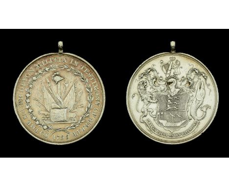 South Devon Militia Medal of Merit 1799, 31mm, silver, the obverse featuring trophy of arms enclosed by a wreath, with the ci