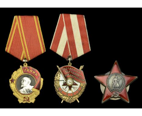A Soviet Order of Lenin group of three  Union of Soviet Socialist Republics, Order of Lenin, 6th type, gold, platinum, and en