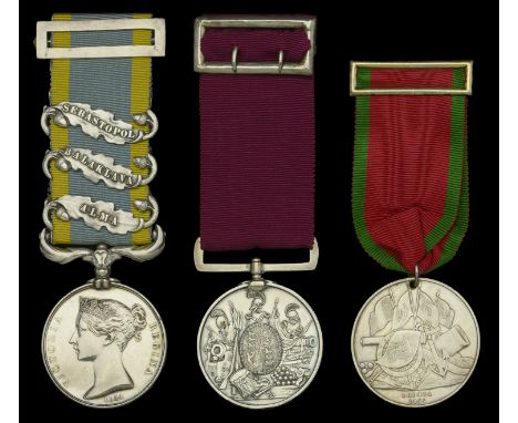Three: Sergeant F. Oliver, 20th Regiment of Foot (Lancashire Fusiliers)  Crimea 1854-56, 3 clasps, Alma, Balaklava, Sebastopo