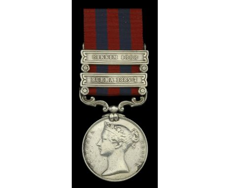 India General Service 1854-95, 2 clasps, Burma 1885-7, Sikkim 1888, clasp carriage adapted to accommodate additional clasp (S