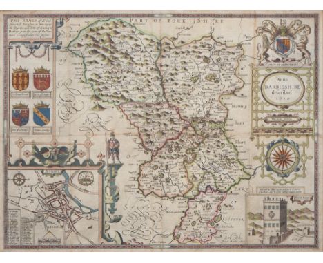 John Speede - Derbyshire,&nbsp;double page engraved map, 1614, hand coloured, 39.5 x 52cm  Slightly soiled and stained where 