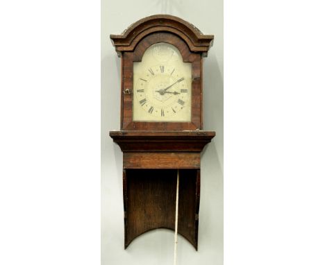 An English oak and walnut thirty hour hooded timepiece, [William] Giscard Downham, early 19th c, the later painted dial with 