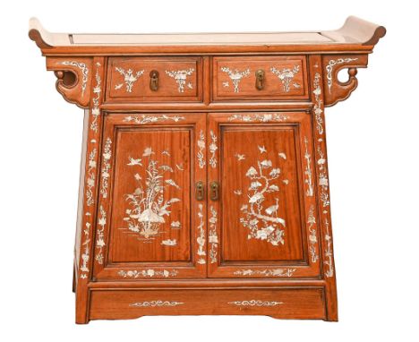 A Chinese hardwood and mother of pearl inlaid cabinet, 20th c, finely decorated with peafowl and flowers, 78cm h; 38 x 90cm  