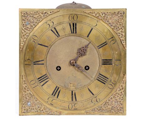 An English brass eight day longcase clock movement and dial, Jonas Barber [of Winster], late 18th c, the 11.5" dial with matt