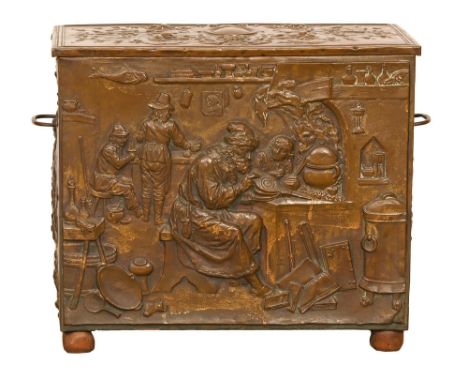 A Dutch sheet brass covered wood log box, c1900, stamped in high relief with an alchemist, the sides and lid with grotesques 