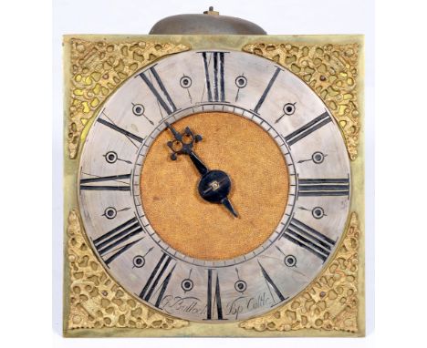 An English thirty hour clock movement and dial, G[ilbert] Bullock B[isho]ps Castle, mid 18th c, the 10" brass dial with matte