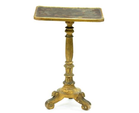 A Victorian japanned lamp table, on associated giltwood pedestal and three S-scroll feet, 72cm h; 37 x 48cm  Decoration chipp