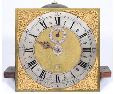 An English thirty-hour longcase clock movement, Raphael Jones Denmead, c1770, the 11" brass dial with matted centre, square d