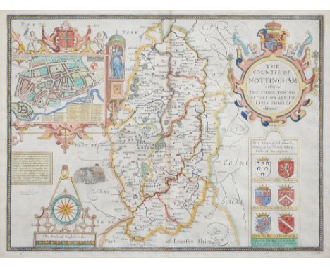 John Speede - Nottingham, double page engraved map, 1676, hand coloured, 40.5 x 53.5cm  Slightly creased and stained