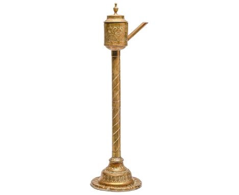 A Dutch sheet brass oil lamp, 19th c, the detachable can shaped burner with angled spout and cavetto cover with vase finial, 