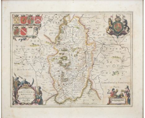 Joan Blaeu - Nottinghamshire,&nbsp;double page engraved map, 1646, hand coloured, 47 x 56.5cm  Slightly stained, frame dirty 