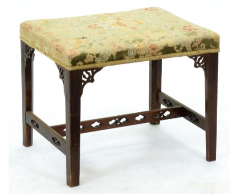 A George III mahogany stool, with fretted brackets and pierced stretchers, 89cm h; 46 x 57cm  Looseness in joints, one bracke