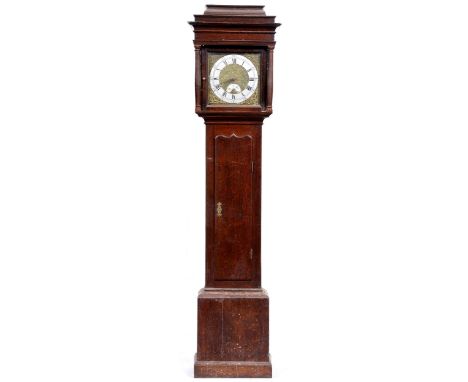 An English oak thirty hour longcase clock, Thos Stripling Barwell, mid 18th c, the 11" engraved brass dial with date sector, 