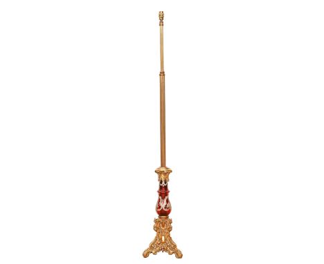 A gilt brass standard lamp, incorporating a Bohemian ruby flashed and silvered glass vase, 139cm h excluding fitment  Good co